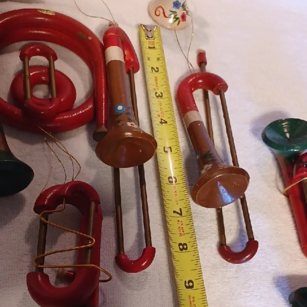 Vintage Red and Green Musical Instrument Ornaments Wooden Instruments 1950's